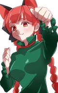 1girl :3 animal_ears blunt_bangs blush bow braid breasts cat_ears clenched_hand dress eri_(pero1108) green_dress hair_bow highres kaenbyou_rin medium_breasts paw_pose red_eyes red_hair simple_background solo touhou twin_braids upper_body white_background // 900x1440 // 120KB