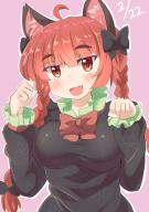 1girl :d absurdres black_bow black_dress blush bow bowtie braid breasts cat_day clenched_hands commentary_request dated dress fang hair_bow highres kaenbyou_rin long_hair long_sleeves looking_at_viewer open_mouth outline pink_background red_bow red_bowtie red_eyes red_hair schinfaxi1996 side_braids simple_background smile solo touhou twin_braids upper_body white_outline // 2508x3541 // 3.3MB