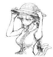 1girl arms_up blunt_bangs braid cropped_torso hat jitome kaenbyou_rin keta_(psychetangle) long_hair looking_ahead monochrome nekomata simple_background solo sun_hat touhou twin_braids upper_body // 890x960 // 133KB