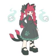 1girl :3 acid_burritos animal_ears black_bow black_dress black_footwear bow braid cat_ears cat_girl cat_tail closed_mouth commentary dress english_commentary extra_ears full_body hair_bow highres hitodama kaenbyou_rin long_hair long_sleeves looking_at_viewer multiple_tails red_eyes red_hair side_braids simple_background skull solo standing tail touhou twin_braids two_tails white_background // 2048x2048 // 149KB