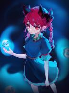 1girl animal_ears bow braid cat_ears creenoy dark_background dress extra_ears frills green_dress hair_bow highres hitodama holding holding_skull kaenbyou_rin pointy_ears puffy_short_sleeves puffy_sleeves red_eyes red_hair red_nails short_sleeves skull slit_pupils touhou twin_braids // 1500x2000 // 394KB