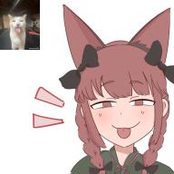 1girl animal_ears black_bow bow braid cat_ears cat_girl closed_mouth extra_ears fang hair_bow highres kaenbyou_rin looking_at_viewer phanthakanxd portrait red_eyes red_hair reference_inset side_braids simple_background smile solo tongue tongue_out touhou twin_braids white_background // 1879x1879 // 228KB