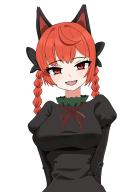 1girl :d ahoge animal_ears black_bow bow braid breasts cat_ears cat_girl commentary fang hair_bow highres kaenbyou_rin large_breasts long_sleeves looking_at_viewer open_mouth pochipechi056 red_eyes red_hair side_braids smile solo touhou twin_braids upper_body // 1448x2048 // 641KB