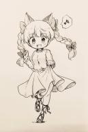 1girl :3 :d animal_ears arinu bow braid breasts cat_ears cat_girl clothes_lift commentary dress dress_lift extra_ears fang full_body greyscale hair_bow highres kaenbyou_rin lifting_own_clothes long_hair looking_at_viewer medium_breasts monochrome musical_note open_mouth shirt shoes side_braids skirt skirt_hold smile solo spoken_musical_note standing standing_on_one_leg touhou traditional_media twin_braids // 1386x2048 // 243KB