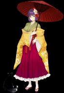 1girl absurdres animal animal_ears animal_nose black-framed_eyewear black_fur blunt_bangs bow breasts brown_sandals cat cat_ears cat_tail closed_mouth floral_print flower frills full_body glasses green_shirt hair_flower hair_ornament hair_ribbon hand_up haori hieda_no_akyuu highres holding holding_umbrella japanese_clothes kaenbyou_rin kaenbyou_rin_(cat) large_breasts long_sleeves multiple_tails oil-paper_umbrella okobo open_clothes pink_skirt platform_sandals pleated_skirt purple_eyes purple_hair red_bow red_eyes red_ribbon red_sash ribbon sandals sash shirt short_hair skirt socks standing tachi-e tail tk31 touhou two_tails umbrella white_flower white_socks wide_sleeves // 4400x6400 // 12MB