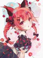 1girl :o ahoge animal_ear_fluff animal_ears black_bow black_choker black_dress blunt_bangs blush bow braid cat_ears cherry cherry_earrings cherry_hair_ornament choker commentary_request corset dress earrings extra_ears fangs food food-themed_earrings food-themed_hair_ornament food_themed_earrings from_side fruit hair_bow hair_ornament heart heart_hair_ornament jewelry kaenbyou_rin long_hair looking_at_viewer multiple_hair_bows off-shoulder_dress off_shoulder open_mouth pointy_ears raspberry rating:general red_bow red_eyes red_hair score:2 short_sleeves signature single_bare_shoulder skin_fangs solo touhou toutenkou twin_braids twitter_username upper_body watermark white_corset x_hair_ornament // 760x1014 // 147KB