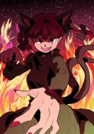 1girl :d breasts cat_tail commentary_request dress fingernails fire foreshortening frills gagamatsu green_dress kaenbyou_rin long_sleeves looking_at_viewer medium_breasts multiple_tails nail_polish nekomata one-hour_drawing_challenge open_mouth perspective red_eyes red_hair red_nails sharp_fingernails smile solo tail teeth tongue touhou two_tails // 579x819 // 471KB