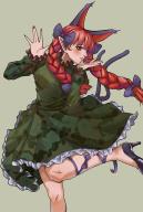 1girl animal_ears black_bow black_ribbon black_shoes black_tail blush bow braid cat_ears cat_girl cat_tail chileshi commentary_request dress fingernails floral_print floral_print_dress foot_out_of_frame frilled_dress frills green_background green_dress hair_bow hands_up high_heels highres kaenbyou_rin knees leg_ribbon lips long_fingernails long_hair multiple_tails open_mouth pointy_ears print_dress profile red_eyes red_hair red_nails ribbon shoes solo tail touhou twin_braids two_tails unmoving_pattern // 1378x2039 // 1.7MB