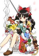 1girl ascot black_hair bloomers bow brown_footwear commentary_request frilled_bow frilled_skirt frills futatsuiwa_mamizou futatsuiwa_mamizou_(tanuki) gohei hair_bow hakurei_reimu highres hitodama kaenbyou_rin kaenbyou_rin_(cat) kaigen_1025 kicchou_yachie kicchou_yachie_(jidiao) kirisame_marisa kochiya_sanae komano_aunn kurokoma_saki kurokoma_saki_(pegasus) loafers long_hair long_sleeves mitsugashira_enoko mitsugashira_enoko_(dog) nazrin nazrin_(mouse) red_bow red_eyes red_skirt seiran_(touhou) seiran_(touhou)_(bunny) shirt shoes simple_background sitting skirt sleeveless sleeveless_shirt socks son_biten son_biten_(monkey) tenkajin_chiyari tenkajin_chiyari_(tenkajin) touhou toutetsu_yuuma toutetsu_yuuma_(sheep) underwear white_background white_bloomers white_sleeves white_socks wide_sleeves yakumo_ran yakumo_ran_(fox) yellow_ascot // 1240x1754 // 301KB