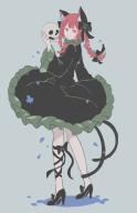 1girl animal_ears ansoku black_bow black_dress black_shoes bow braid cat_ears cat_tail dress expressionless full_body hair_bow high_heels highres kaenbyou_rin leg_ribbon long_sleeves multiple_tails nekomata red_eyes red_hair ribbon shoes skull solo tail touhou twin_braids two_tails // 974x1500 // 373KB