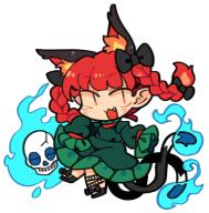 1girl animal_ears black_shoes blush cat_ears cat_tail dress extra_ears fang full_body green_dress ini_(inunabe00) kaenbyou_rin long_hair long_sleeves multiple_tails open_mouth red_eyes red_hair shoes simple_background skull sleeves_past_fingers sleeves_past_wrists smile solo tail touhou two_tails white_background // 1136x1148 // 150KB