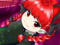 1girl :3 animal_ears blush bow braid cat_ears close-up dress edwardmidori extra_ears green_dress hair_bow handrail highres kaenbyou_rin looking_at_viewer pointy_ears red_eyes red_hair touhou twin_braids zun_(style) // 2048x1536 // 297KB