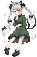 1girl :3 absurdres animal_ears black_bow black_hairband black_shoes blush bow braid cat_day cat_ears cat_tail closed_mouth commentary_request cosplay dress frilled_dress frilled_sleeves frills full_body green_dress grey_hair hair_between_eyes hair_bow hairband hand_up highres juliet_sleeves kaenbyou_rin kaenbyou_rin_(cosplay) konpaku_youmu long_hair long_sleeves looking_at_viewer multiple_tails paw_print pointy_ears puffy_sleeves red_eyes shoes simple_background smile solo standing tail tail_raised touhou twin_braids two_tails white_background youyume-kun // 2555x3946 // 853KB