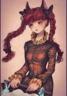 1girl absurdres animal_ears blunt_bangs bow braid cat_ears dress extra_ears eyebrows_hidden_by_hair grey_background hair_bow highres hitodama kaenbyou_rin light_smile long_hair looking_away no_tail red_eyes red_hair simple_background solo touhou twin_braids wheelbarrow zero_nana // 1813x2560 // 2.4MB