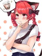 1girl alternate_costume animal_ears black_bow bow braid bubble_tea cat_ears cup drink drinking_glass drinking_straw drooling highres kaenbyou_rin kashiwara_mana multiple_tails polka_dot red_eyes red_hair solo sparkle swimsuit tail touhou twin_braids // 900x1200 // 162KB