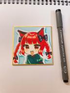 1girl absurdres animal_ears black_bow blue_background bow braid cat_ears commentary_request dress fangs green_dress hair_bow highres kaenbyou_rin long_hair looking_at_viewer red_eyes red_hair simple_background slit_pupils solo teeth touhou traditional_media twin_braids upper_teeth_only yadoyuki // 2160x2880 // 1.0MB