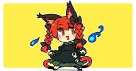 1girl :3 :d animal_ear_fluff animal_ears black_bow black_shoes blunt_bangs blush border bow braid cat_ears cat_tail chibi chibi_only commentary_request dress fang frilled_dress frills full_body green_dress hair_bow ini_(inunabe00) kaenbyou_rin long_hair long_sleeves looking_at_viewer multiple_tails open_mouth outline outside_border pointy_ears red_eyes red_hair shoes simple_background smile solo standing tail touhou twin_braids two_tails white_border white_outline yellow_background // 1290x675 // 205KB