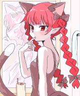1girl absurdres alternate_costume animal_ears black_bow blunt_bangs bow braid casual cat_ears cat_girl cat_tail commentary_request finger_to_mouth hair_bow highres kaenbyou_rin kashiwara_mana long_hair looking_at_viewer mirror nekomata pointy_ears red_eyes reflection side_braids solo tail toothbrush touhou twin_braids upper_body // 2500x3000 // 646KB