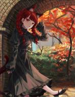 1girl animal_ear_fluff animal_ears aokihatoba_01 black_bow black_footwear blush bow braid cat_ears cat_tail commentary_request dress extra_ears hair_bow hashtag-only_commentary highres kaenbyou_rin long_sleeves looking_at_viewer multiple_tails nekomata open_mouth red_eyes red_hair sleeves_past_wrists solo tail touhou tree twin_braids twitter_username two_tails // 1575x2048 // 486KB