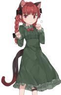 1girl animal_ears bow braid cat_ears cat_tail dress frilled_dress frills green_dress highres kaenbyou_rin long_sleeves multiple_tails paw_pose red_eyes red_hair simple_background solo subaritsuku tail touhou twin_braids two_tails white_background // 1529x2354 // 1.2MB