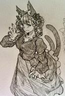 1girl alternate_hairstyle animal_ears braid cat_ears cat_girl closed_eyes commentary_request greyscale highres juliet_sleeves kaenbyou_rin long_hair long_skirt long_sleeves looking_at_viewer monochrome puffy_sleeves score:1 shirt simple_background skirt solo tenkatorouze touhou traditional_media twin_braids // 1402x2048 // 535KB