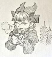 1girl animal_ears braid cat_ears cat_girl cat_tail closed_eyes coffee_mug commentary_request cup extra_ears flying_sweatdrops greyscale highres holding holding_cup juliet_sleeves kaenbyou_rin long_sleeves monochrome mug multiple_tails pointy_ears puffy_sleeves score:1 solo tail tenkatorouze tongue tongue_out touhou traditional_media two_tails upper_body // 1873x2048 // 475KB