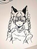 1girl animal_ears baketanundk braid cat_ears cat_girl commentary_request juliet_sleeves kaenbyou_rin long_sleeves looking_at_viewer monochrome open_mouth puffy_sleeves score:1 side_braids solo touhou traditional_media twin_braids upper_body // 768x1024 // 141KB