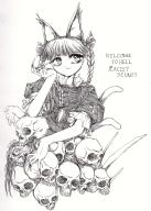 1girl animal_ears braid cat_ears cat_girl closed_mouth commentary_request corpse english_text extra_ears greyscale highres kaenbyou_rin long_hair monochrome schizos_dq score:1 short_sleeves side_braids simple_background skull touhou traditional_media twin_braids upper_body // 1432x2003 // 611KB