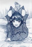 1girl animal_ear_fluff animal_ears barefoot braid cat_ears cat_girl commentary_request extra_ears fangs full_body greyscale highres kaenbyou_rin long_sleeves looking_at_viewer lying monochrome ni_0220 on_bed on_stomach open_mouth pointy_ears score:1 side_braid solo touhou traditional_media // 1438x2048 // 729KB