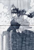 1girl absurdres animal_ear_fluff animal_ears bow braid cat_ears closed_mouth dress extra_ears from_side greyscale hair_bow hand_on_own_hip highres kaenbyou_rin long_sleeves monochrome ni_0220 score:1 side_braids solo touhou traditional_media twin_braids // 2855x4096 // 2.4MB