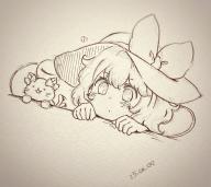 1girl blush bow cat closed_mouth commentary_request dated eyeball greyscale hat hat_bow highres kaenbyou_rin kaenbyou_rin_(cat) komeiji_koishi medium_hair monochrome score:4 shiro_tsugumi solo third_eye touhou traditional_media // 2048x1826 // 305KB