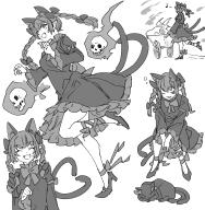 1girl :3 ^_^ animal_ear_fluff back_bow blush bow bowtie braid cat cat_tail closed_eyes collar commentary_request dress extra_ears fang frilled_collar frilled_dress frills full_body greyscale hair_bow heart heart_tail highres juliet_sleeves kaenbyou_rin kaenbyou_rin_(cat) long_hair long_sleeves looking_at_viewer mero_(starfish_jcs) monochrome multiple_tails musical_note open_mouth pointy_ears puffy_sleeves score:2 shoes skull sleeping solo spoken_musical_note standing standing_on_one_leg tail touhou twin_braids wheelbarrow white_background wide_sleeves // 1500x1528 // 720KB