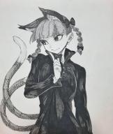 1girl animal_ears blunt_bangs bow braid breasts cat_ears cat_girl cat_tail closed_mouth commentary_request crosshatching dress expressionless extra_ears finger_to_own_chin graphite_(medium) greyscale hair_bow hatching_(texture) highres index_finger_raised kaenbyou_rin long_sleeves looking_to_the_side medium_breasts monochrome multiple_tails ozma_(yozakura) score:1 short_hair simple_background solo tail touhou traditional_media twin_braids two_tails upper_body // 1732x2048 // 651KB