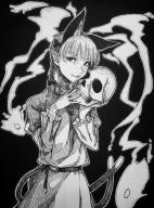 1girl absurdres animal_ear_fluff animal_ears belt bow braid cat_ears cat_girl cat_tail commentary_request cowboy_shot dress fang graphite_(medium) greyscale grin hair_bow highres hitodama holding holding_skull kaenbyou_rin long_sleeves looking_at_viewer monochrome multiple_tails open_mouth ozma_(yozakura) pointy_ears score:2 short_hair skull smile solo tail touhou traditional_media twin_braids two_tails // 2412x3253 // 2.3MB