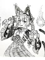 1girl animal_ears bow bowtie braid cat_ears cat_girl cat_tail clenched_hands commentary_request dress greyscale hitodama kaenbyou_rin long_sleeves looking_at_viewer medium_hair monochrome multiple_tails score:1 side_braids simple_background sketch solo tail tenkatorouze touhou touhou_gensou_eclipse traditional_media twin_braids two_tails upper_body // 768x1024 // 188KB