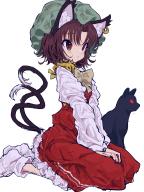 1girl absurdres animal_ear_piercing animal_ears black_cat bow bowtie brown_bow brown_eyes brown_hair cat cat_ears cat_tail chen commentary dress earrings frilled_dress frills green_hat hat highres jewelry kaenbyou_rin kaenbyou_rin_(cat) long_sleeves mob_cap mugi_(mugimugi_9kv) multiple_tails nekomata no_shoes red_dress score:3 seiza shirt short_hair simple_background single_earring sitting slit_pupils socks solo tail touhou two_tails white_background white_shirt white_socks // 3000x4000 // 3.8MB