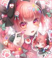 1girl ;3 animal_ears black_dress black_footwear blush bow braid cat_ears cat_girl commentary_request dress extra_ears fang food green_bow hair_bow heart heart-shaped_pupils heart_tail highres kaenbyou_rin kurumi407 long_hair looking_at_viewer multiple_views one_eye_closed open_mouth red_bow red_eyes score:2 side_braids skin_fang symbol-shaped_pupils tail touhou twin_braids // 1170x1300 // 1.7MB