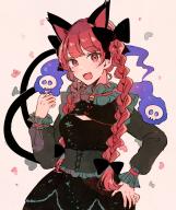 1girl :d animal_ears bell black_bow black_dress black_nails blunt_bangs blush bow braid cat_ears cat_tail corset dress extra_ears fangs fingernails frilled_sleeves frills ghost hair_bow hand_on_own_hip highres hitodama jingle_bell kaenbyou_rin long_hair long_sleeves looking_at_viewer mozukuzu_(manukedori) multiple_tails nail_polish neck_bell open_mouth red_eyes score:2 skull smile solo tail touhou twin_braids two_tails upper_body // 1487x1764 // 3.1MB
