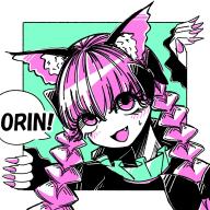 1girl :d animal_ear_fluff animal_ears bow braid cat_ears cat_girl commentary fang fingernails green_background hair_bow highres kaenbyou_rin long_fingernails long_hair long_sleeves looking_at_viewer miso_konbu open_mouth pink_eyes pink_hair pink_nails score:1 side_braids smile solo speech_bubble sweatdrop touhou twin_braids upper_body // 1400x1400 // 564KB