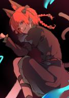 1girl :3 absurdres animal_ears black_bow black_dress black_ribbon blue_fire blunt_bangs bow braid cat_ears cat_tail closed_mouth commentary dress fang feet_out_of_frame fire frilled_dress frilled_sleeves frills gradient_background hair_bow highres juliet_sleeves kaenbyou_rin leg_ribbon long_hair long_sleeves looking_at_viewer lying multiple_hair_bows multiple_tails on_side one-hour_drawing_challenge paw_pose puffy_sleeves red_eyes red_hair ribbon score:1 sidelocks solo tail touhou twin_braids youkankan // 2897x4096 // 553KB