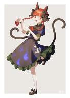 1girl :3 absurdres animal_ears black_bow black_footwear blunt_bangs blunt_ends border bow braid cat_ears cat_tail collar commentary dress extra_ears fingernails footwear_bow frilled_collar frilled_dress frills full_body hair_bow highres kaenbyou_rin leg_ribbon leg_up looking_at_viewer multiple_tails nanashi_nasi open_mouth outline outside_border pointy_ears puffy_short_sleeves puffy_sleeves red_eyes red_hair red_nails ribbon score:2 sharp_fingernails short_sleeves simple_background slit_pupils smile solo standing standing_on_one_leg tail touhou twin_braids very_long_fingernails white_border white_outline // 2802x3901 // 2.2MB