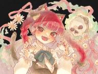 1girl alternate_costume animal_ears black_background blush bow bowtie braid cat_ears cat_girl cat_tail commentary_request extra_ears flower green_bow green_bowtie hair_bow kaenbyou_rin long_hair long_sleeves looking_at_viewer open_mouth red_eyes red_nails sasa6666s score:2 side_braids simple_background skull solo tail touhou twin_braids upper_body // 1300x993 // 297KB