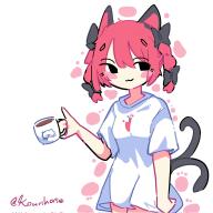 1girl :3 alternate_costume animal_ears black_eyes blush casual cat_ears cat_girl cat_tail closed_mouth commentary cowboy_shot cup dress highres holding holding_cup kaenbyou_rin kourihase looking_at_viewer multiple_tails red_hair score:4 short_hair short_sleeves solo tail touhou twitter_username two_tails white_dress // 2048x2048 // 249KB