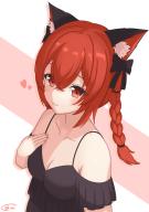 1girl absurdres alternate_costume animal_ears black_bow blush bow braid breasts cat_ears cat_girl chiaki_koizumi cleavage closed_mouth commentary_request hair_bow heart highres kaenbyou_rin looking_at_viewer pink_background red_eyes score:2 signature solo touhou two-tone_background upper_body white_background // 2100x2970 // 2.9MB