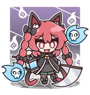 1girl :3 :d alternate_costume animal_ear_fluff animal_ears black_background black_bow black_footwear black_jacket bow braid bright_pupils cat_ears cat_girl chibi commentary fang full_body hair_bow halloween_costume highres hitodama holding holding_scythe jacket kaenbyou_rin lantern long_hair open_mouth red_eyes red_hair score:1 scythe side_braids signature smile solo touhou twin_braids white_pupils yoriyori // 1500x1580 // 253KB