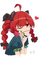 1girl :3 ahoge animal_ears black_bow bow braid cat_ears commentary_request cropped_torso dress flower frilled_sleeves frills green_dress hair_bow heart kaenbyou_rin long_hair looking_at_viewer mouth_hold one_eye_closed pinafore_dress pointy_ears puffy_short_sleeves puffy_sleeves red_eyes rose score:1 shirt short_sleeves sleeveless sleeveless_dress solo subterranorm touhou twin_braids upper_body white_shirt // 827x1169 // 332KB