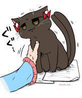 1girl :3 animal_focus black_cat blue_shirt bow cat closed_mouth commentary_request frilled_sleeves frills highres kaenbyou_rin kaenbyou_rin_(cat) komeiji_satori multiple_tails noai_nioshi paper red_bow score:3 shirt smile tail touhou two_tails whiskers white_background // 1202x1417 // 108KB