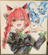 1girl 4_shika animal_ears black_bow bow braid breasts cat_ears commentary_request dress finger_heart fire flaming_skull frilled_sleeves frills green_dress hair_bow highres juliet_sleeves kaenbyou_rin long_sleeves puffy_sleeves red_eyes red_hair score:1 simple_background skull small_breasts solo touhou traditional_media twin_braids upper_body white_background // 1525x1727 // 519KB