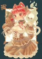 1girl adapted_costume animal_ears bird bird_on_hand blunt_bangs bow cat_ears cat_tail corset cropped_legs crow extra_ears feet_out_of_frame green_background hair_bow highres hitodama holding holding_skull kaenbyou_rin looking_at_viewer multiple_tails red_eyes red_hair reiuji_utsuho reiuji_utsuho_(bird) sasa6666s score:1 skull tail third_eye touhou two_tails // 1231x1712 // 421KB