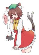 1girl :d ^_^ absurdres animal_ear_fluff animal_ear_piercing animal_ears arm_at_side blush bow bowtie brown_hair cat_ears cat_tail chen closed_eyes commentary_request cowboy_shot cropped_legs double-parted_bangs earrings fang flying_sweatdrops frills hair_between_eyes hand_up hat highres jewelry juliet_sleeves kaenbyou_rin kaenbyou_rin_(cat) leaning_forward long_sleeves mob_cap multiple_tails necono_(nyu6poko) nekomata open_mouth petticoat puffy_sleeves red_skirt red_vest score:5 short_hair simple_background single_earring skirt skirt_set smile solo speech_bubble tail touhou translation_request two_tails vest white_background yellow_bow yellow_bowtie // 2637x3678 // 2.7MB